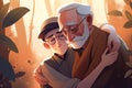 A young guy meets and hugs his gray-haired grandfather. Family support and care concept. Generative AI