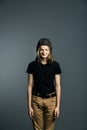 Young guy model posing in a tankman helmet