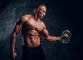 Young guy with a perfect pumped body posing with a dumbbell. Studio photo with dark wall background