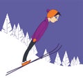 A young guy performs a jump on skis.