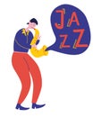 Young guy plays the saxophone jazz music. Talented musician performance. Saxophone player cartoon character. Man playing musical Royalty Free Stock Photo