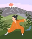 Young guy practicing tai chi at mountain landscape vector