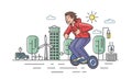 Young guy in red hoody riding hoverboard on eco-city background. Flat line vector illustration. Isolated on white