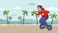 Young guy in red hoody riding hoverboard on tropical beach background. Flat line vector illustration. Horizontal.