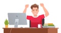 Young guy rejoices at the work done on the computer. Businessman at his desk.