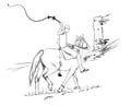 A young guy rider riding a horse rides past a cliff with a whip in his hands, vector sketch