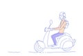 Young guy riding electric scooter vintage motorcycle isolated man character sketch doodle horizontal