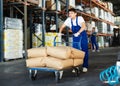 Young guy rolls cart with bags in warehouse Royalty Free Stock Photo