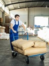 Young guy rolls cart with bags in warehouse