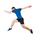 Young guy runner in sportswear makes sprint for leap over chasm isolated over white