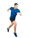Young guy runner wearing black and blue sportswear makes a quick sprint Royalty Free Stock Photo
