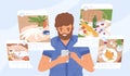 Young guy sharing moments at social networks vector flat illustration. Modern male holding smartphone making post for