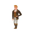 Young guy in steampunk clothes. Man in jacket, shirt with red tie, vest, pants and boots with gears. Flat vector design