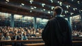 back view, speech of a graduate behind the podium, graduation, academic robe