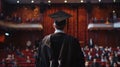 back view, speech of a graduate behind the podium, graduation, academic robe,