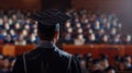 back view, speech of a graduate behind the podium, graduation, academic robe,