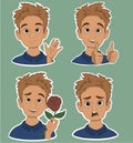 A young guy in the style of stickers, in different poses pack three