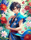 A young guy surrounded by bright and colorful flowers on a dark starry background. He is dressed in traditional clothes