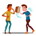 Young Guy Throwing A Cake In The Face Of A Friend For Joke Vector. Isolated Illustration