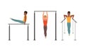 Young Guy Training on Different Gymnastics Apparatus Like Horizontal and Parallel Bars Vector Set