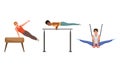 Young Guy Training on Different Gymnastics Apparatus Like Pommel Horse and Rings Vector Set