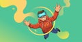 Young guy in VR headset flying on abstract colorful neon background. Happy kid playing in virtual reality. Flat vector