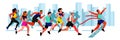 Young guy wins in city marathon. Vector flat cartoon horizontal illustration. Winner man with red ribbon on finish line Royalty Free Stock Photo