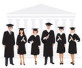 Young guys and girls graduates standing in front of university building holding diploma. Vector illustration