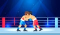 Young guys muscular boxers in boxing gloves stand in a clinch in the ring. Cartoon characters boy vector illustration