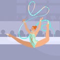 Young gymnast in beautiful costume dances on stage with ribbon performs jump