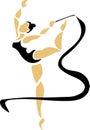 Black and beige stylized silhouette. A young gymnast performs an exercise with a ribbon. Logo.