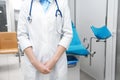 Young gynecologist in white coat at workplace,