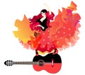 A young gypsy girl, dressed in a long dress, dances flamenco on a large black and red guitar. A yellow-orange mantone flies up