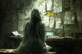 Young hacker in hooded sweatshirt illuminated by computer screen in a virtual adventure setting