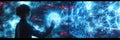 A young hacker interacts with a glowing, intricate digital display while immersed in a high-tech environment at night