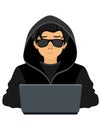 young hacker programmer it specialist coder sitting at a laptop in a sweater with a hood flat style vector illustration