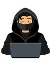young hacker programmer it specialist coder sitting at a laptop in a sweater with a hood flat style vector illustration