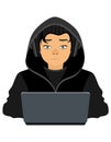young hacker programmer it specialist coder sitting at a laptop in a sweater with a hood flat style vector illustration