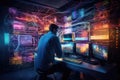 Young hacker stealing data from a server room with glowing cyber security concept, Software engineer utilizing a computer in a