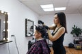 A young hairdresser girl is coloring the hair tips of a female client in a beauty salon. Royalty Free Stock Photo