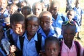 Young Haitian school girls and boys in curiously pose for camera in rural village.