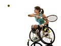 Young handicapped tennis player woman wheelchair sport isolated