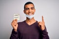 Young handsome african american man wearing medical mask holding virus alert reminder surprised with an idea or question pointing Royalty Free Stock Photo