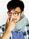 young handsome asian man hipster in glasses on white background, Royalty Free Stock Photo