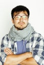 Young handsome asian man hipster in glasses on white background smiling, modern lifestyle concept Royalty Free Stock Photo