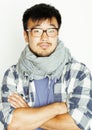 Young handsome asian man hipster in glasses on white background smiling, modern lifestyle concept Royalty Free Stock Photo