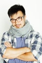 Young handsome asian man hipster in glasses on white background smiling, modern lifestyle concept Royalty Free Stock Photo