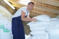 young handsome baker taking flour bags