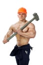 Young and handsome builder with a sledgehammer and body Royalty Free Stock Photo
