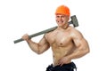 Young and handsome builder with a sledgehammer and body Royalty Free Stock Photo